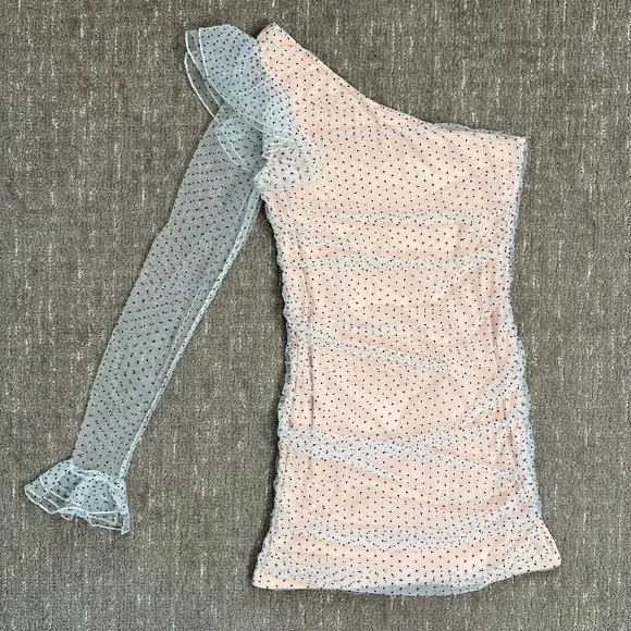 Majorelle Smith Mini Dress in Black Dot One Shoulder Sheer White Ruffle Large - Picture 2 of 8